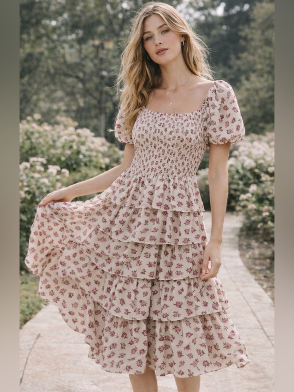 Midnight doll cream floral tiered midi dress puff sleve cottagecore romantic NWT